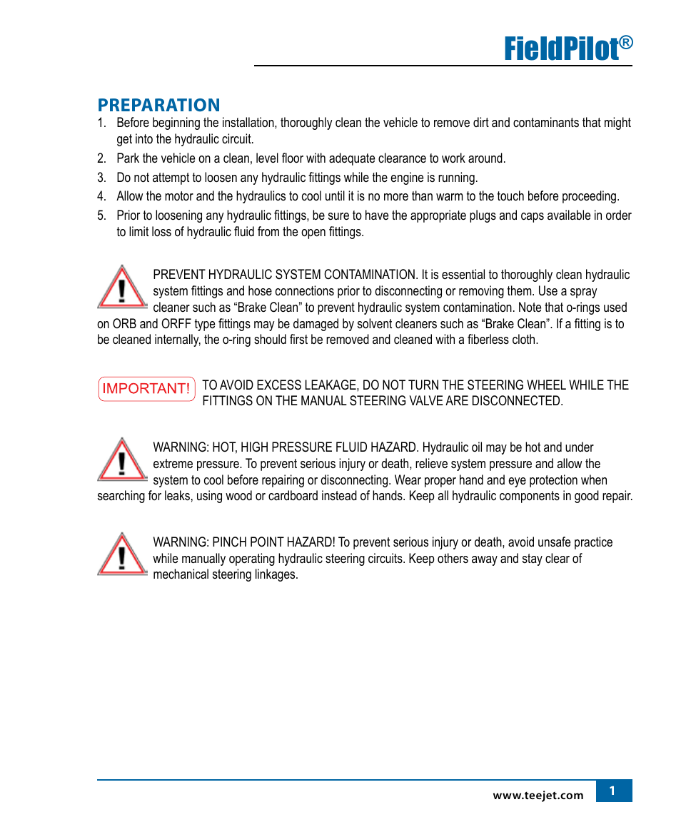 Fieldpilot, Preparation | TeeJet FieldPilot Install AGCO GLNRA756-A856 MF9x95 CHNGR670B-680B User Manual | Page 3 / 20
