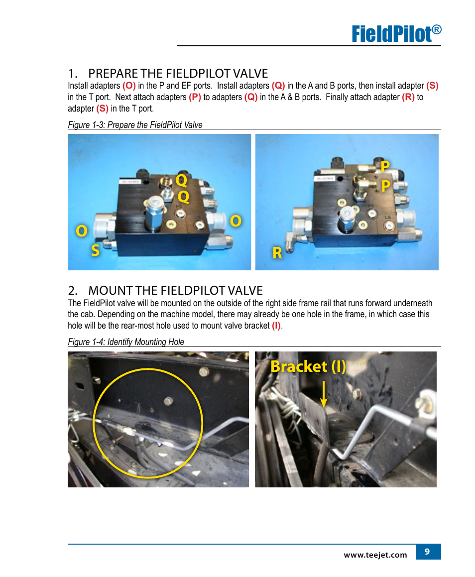 Fieldpilot, Prepare the fieldpilot valve, Mount the fieldpilot valve | TeeJet FieldPilot Install ACGO Gleaner R62-65-72-75 User Manual | Page 11 / 20