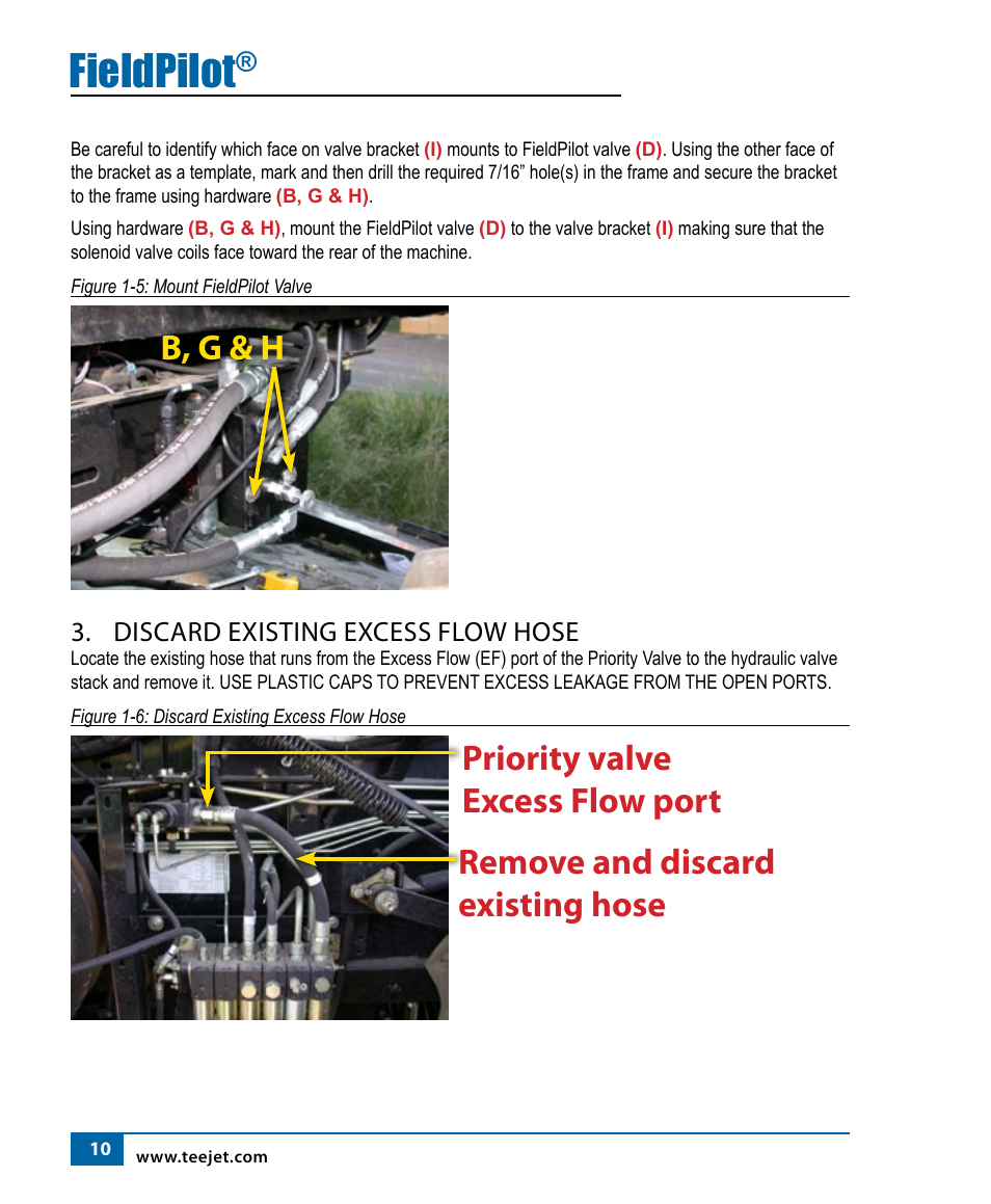 Fieldpilot, Discard existing excess flow hose | TeeJet FieldPilot Install ACGO Gleaner R62-65-72-75 User Manual | Page 12 / 20