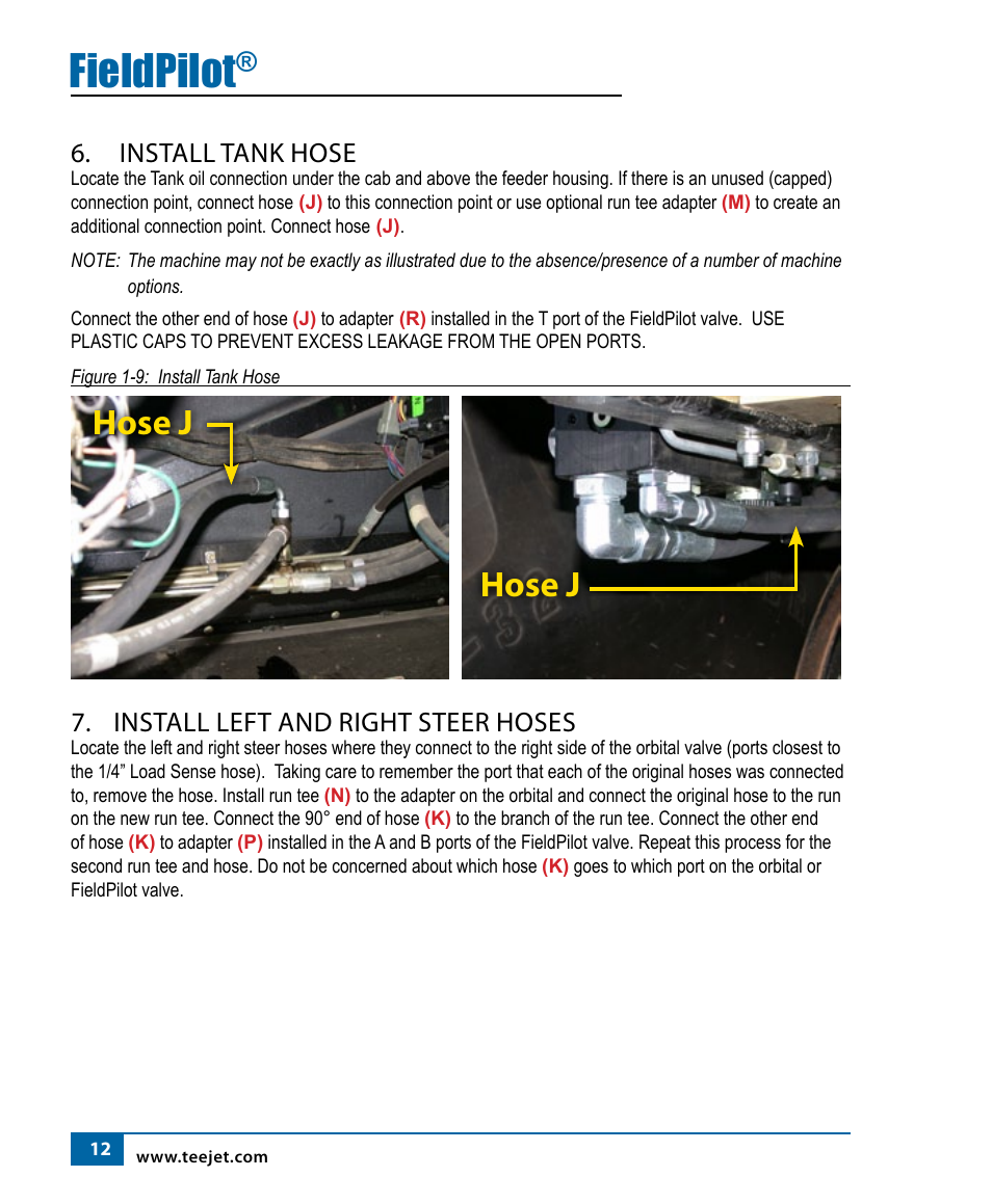 Fieldpilot, Hose j, Install tank hose | Install left and right steer hoses | TeeJet FieldPilot Install ACGO Gleaner R62-65-72-75 User Manual | Page 14 / 20