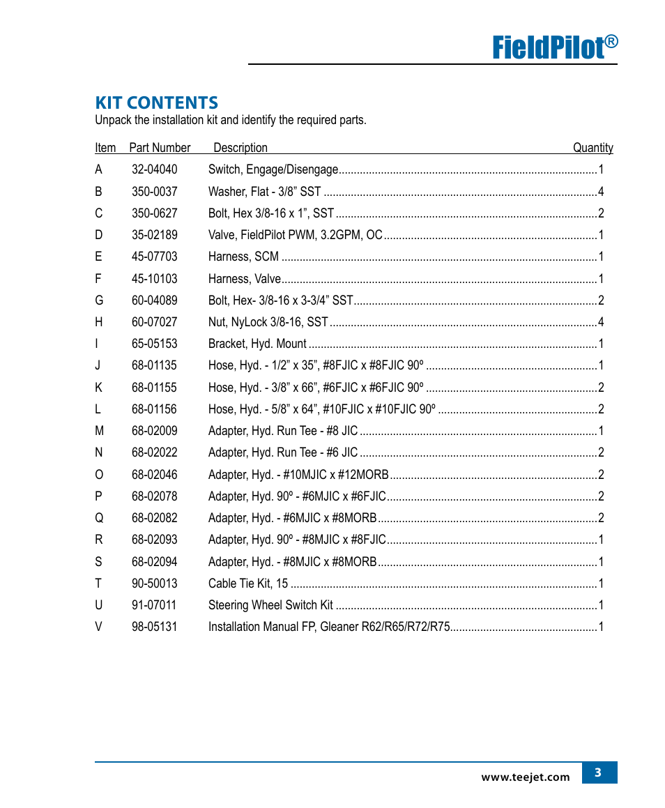 Fieldpilot, Kit contents | TeeJet FieldPilot Install ACGO Gleaner R62-65-72-75 User Manual | Page 5 / 20