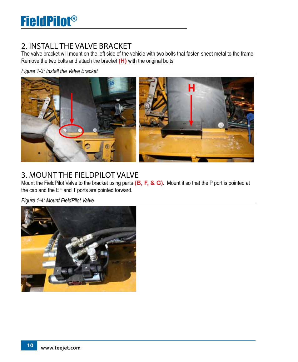 Fieldpilot, Install the valve bracket, Mount the fieldpilot valve | TeeJet FieldPilot Install AGCO RoGator 854 (1997-2002) Models User Manual | Page 11 / 18