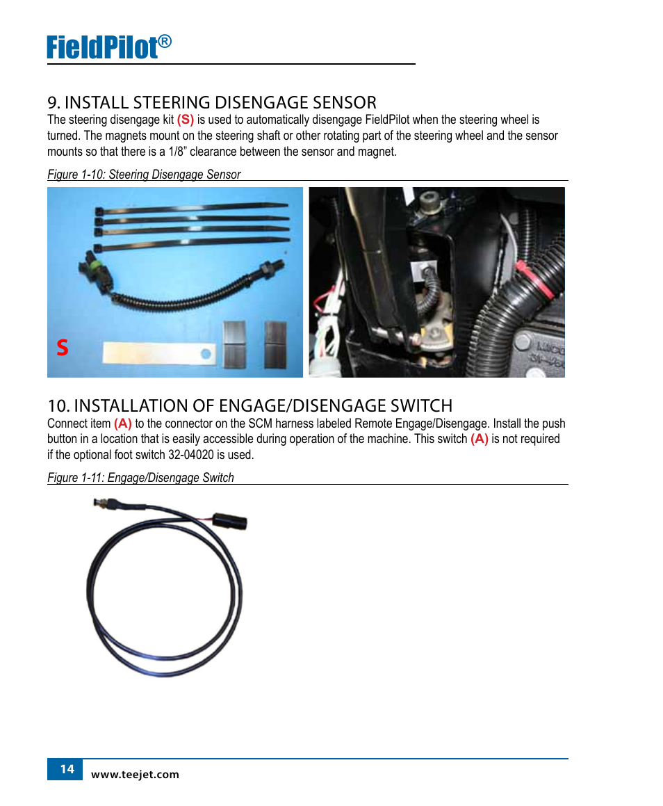 Fieldpilot, Install steering disengage sensor, Installation of engage/disengage switch | TeeJet FieldPilot Install AGCO RoGator 854 (1997-2002) Models User Manual | Page 15 / 18
