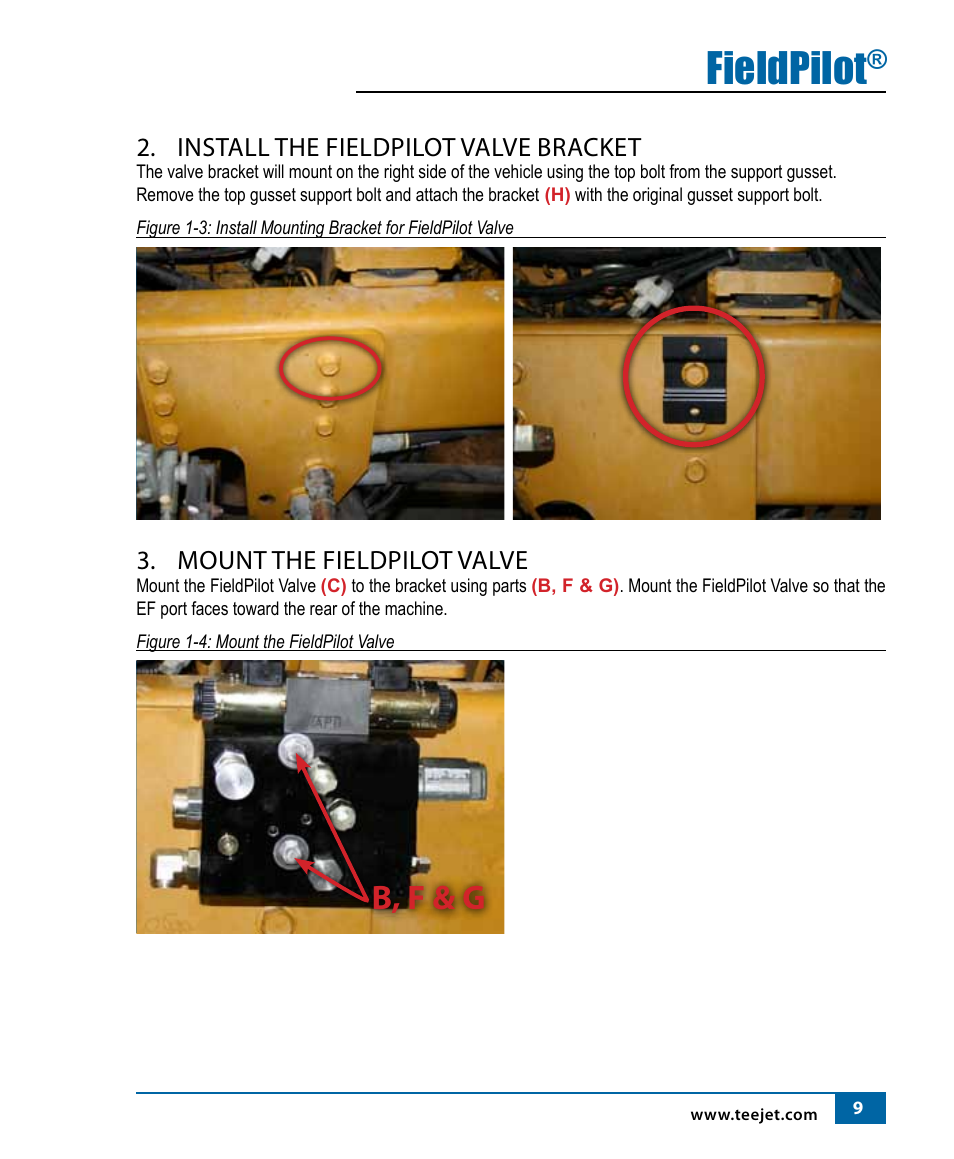 Fieldpilot, B, f & g, Install the fieldpilot valve bracket | Mount the fieldpilot valve | TeeJet FIeldPilot Install AGCO RoGator 1254 User Manual | Page 10 / 18