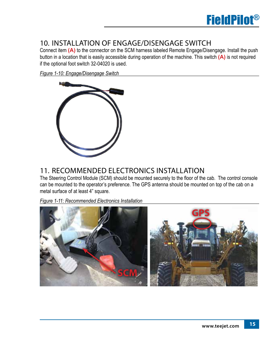 Fieldpilot, Installation of engage/disengage switch, Recommended electronics installation | TeeJet FIeldPilot Install AGCO RoGator 1254 User Manual | Page 16 / 18