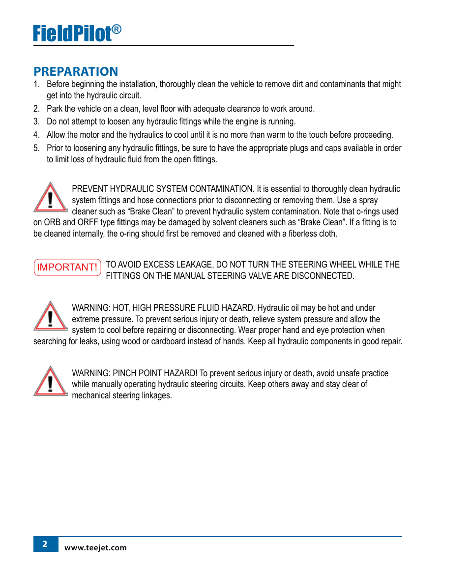Fieldpilot, Preparation | TeeJet FIeldPilot Install AGCO RoGator 1254 User Manual | Page 3 / 18