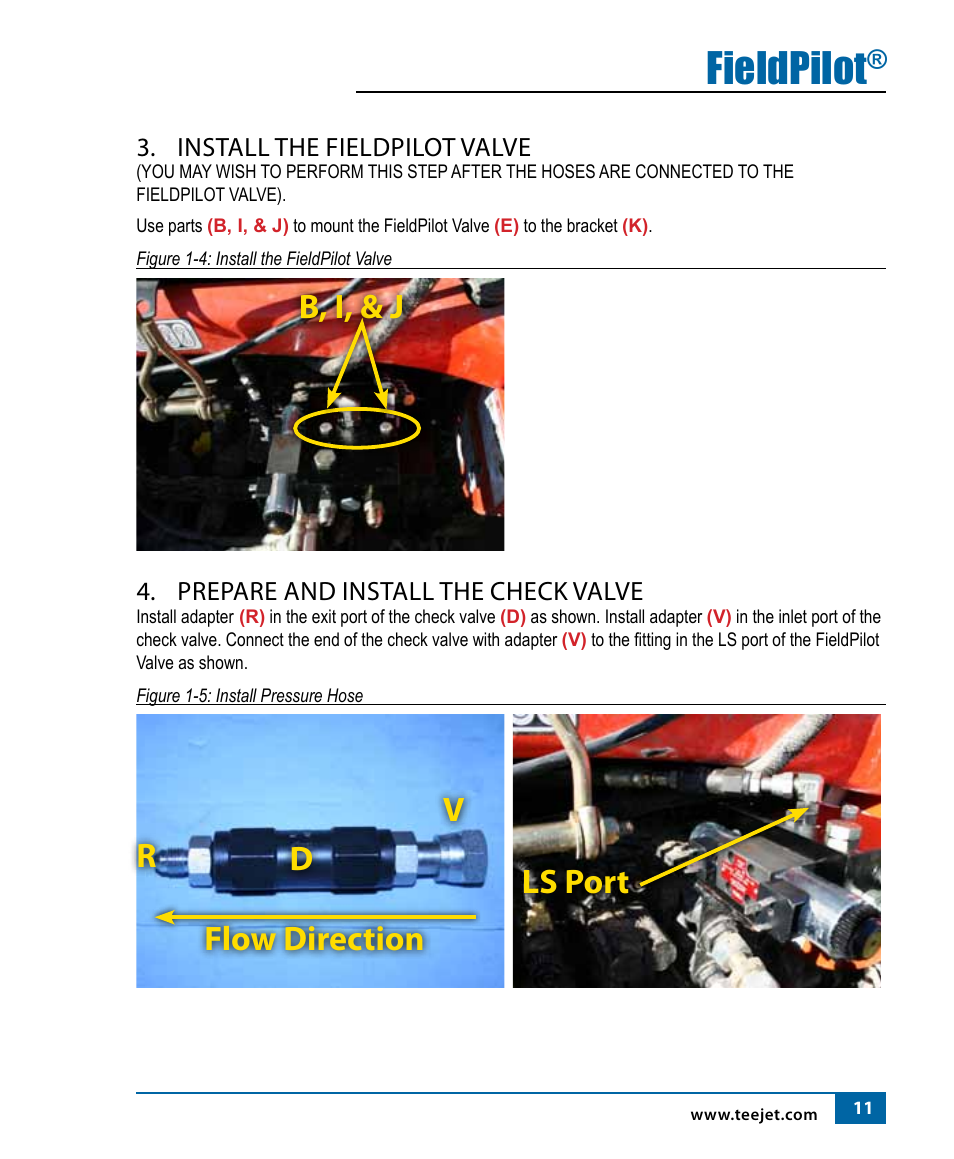 Fieldpilot, B, i, & j, Rd v flow direction | Ls port, Install the fieldpilot valve, Prepare and install the check valve | TeeJet FieldPilot Install AGCO RT120A-RT155A User Manual | Page 13 / 24