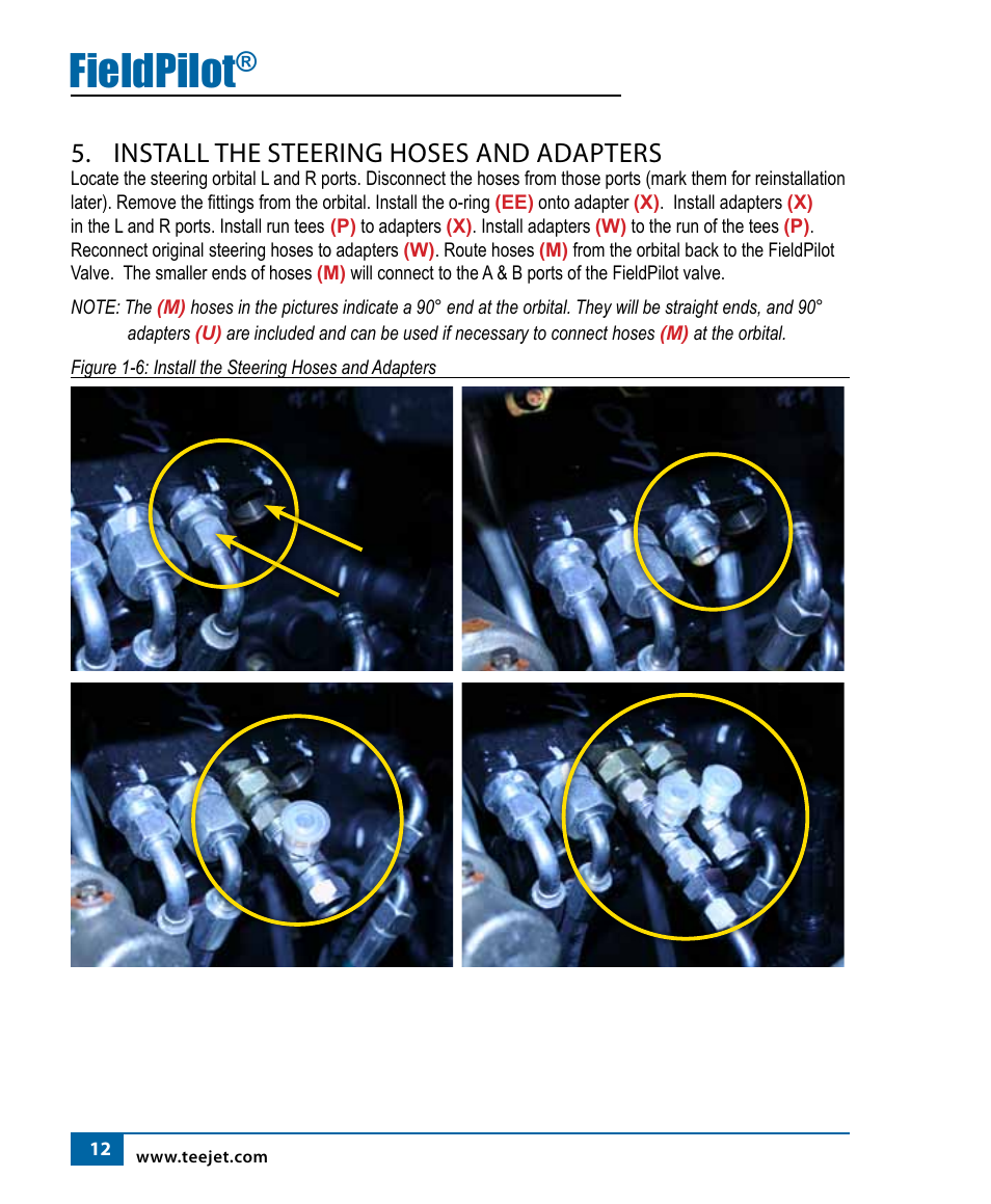Fieldpilot, Install the steering hoses and adapters | TeeJet FieldPilot Install AGCO RT120A-RT155A User Manual | Page 14 / 24