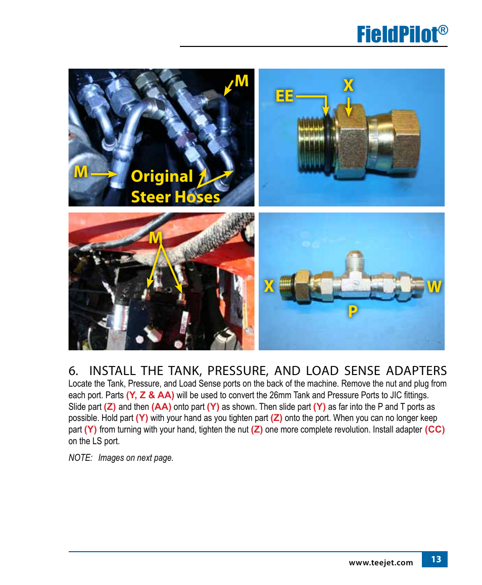 Fieldpilot, Moriginal steer hoses, Ee x m | Xp w | TeeJet FieldPilot Install AGCO RT120A-RT155A User Manual | Page 15 / 24