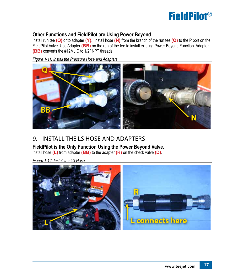 Fieldpilot, Rl connects here, Install the ls hose and adapters | TeeJet FieldPilot Install AGCO RT120A-RT155A User Manual | Page 19 / 24