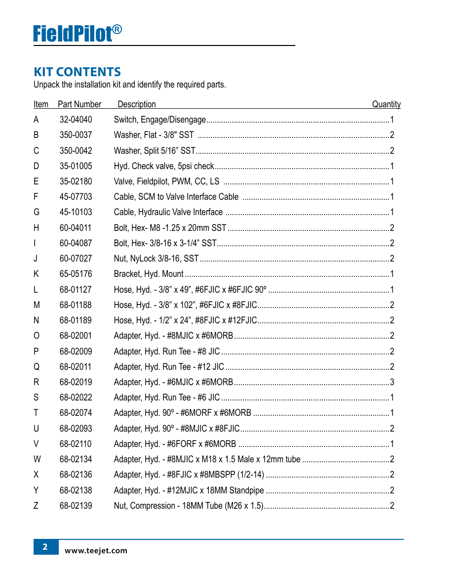 Fieldpilot, Kit contents | TeeJet FieldPilot Install AGCO RT120A-RT155A User Manual | Page 4 / 24