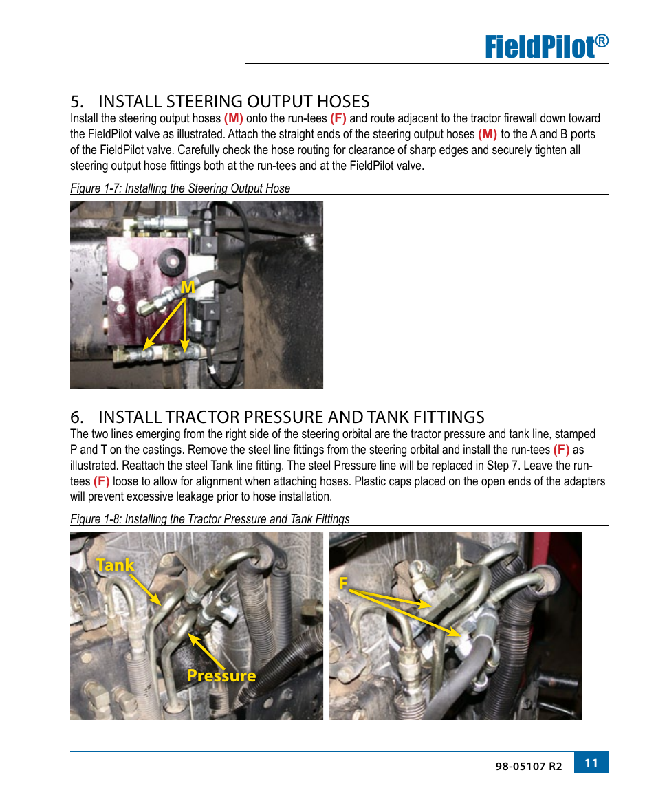Fieldpilot, Install steering output hoses, Install tractor pressure and tank fittings | Mtank pressure f | TeeJet FieldPilot Install Case 71x0-72x0-89x0 User Manual | Page 13 / 20