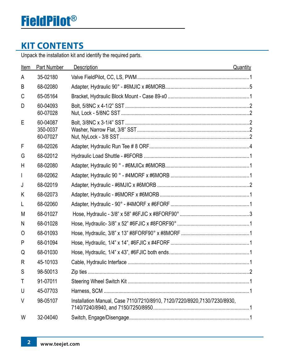 Fieldpilot, Kit contents | TeeJet FieldPilot Install Case 71x0-72x0-89x0 User Manual | Page 4 / 20