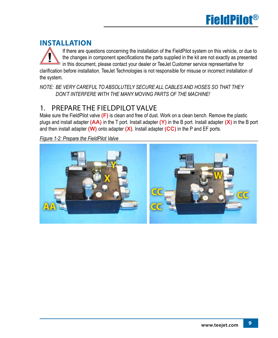 Fieldpilot, Aa cc cc cc y w x, Installation | Prepare the fieldpilot valve | TeeJet FieldPilot Install Case IH 2x90, 2x94, 3x94 User Manual | Page 11 / 24