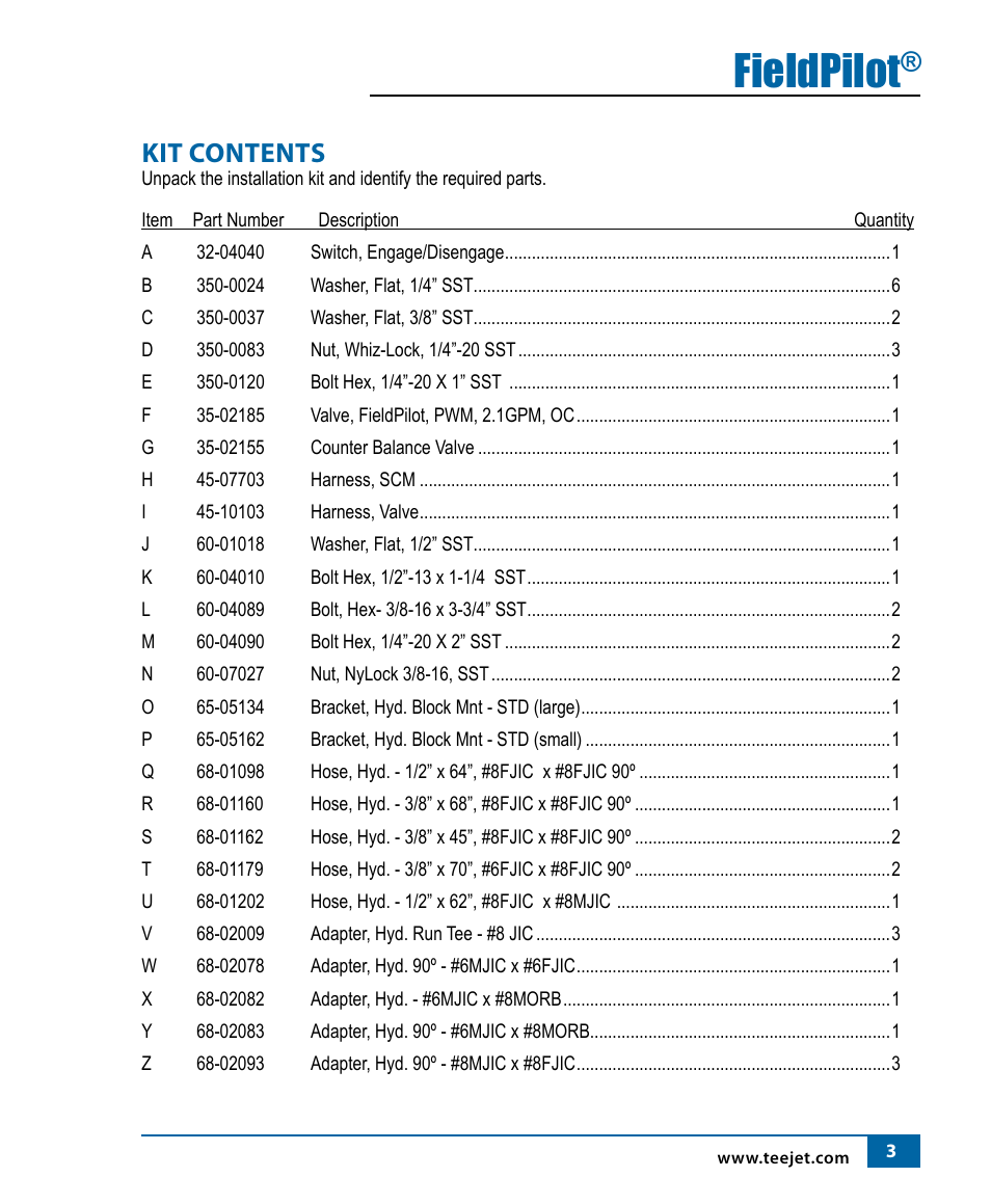 Fieldpilot, Kit contents | TeeJet FieldPilot Install Case IH 2x90, 2x94, 3x94 User Manual | Page 5 / 24