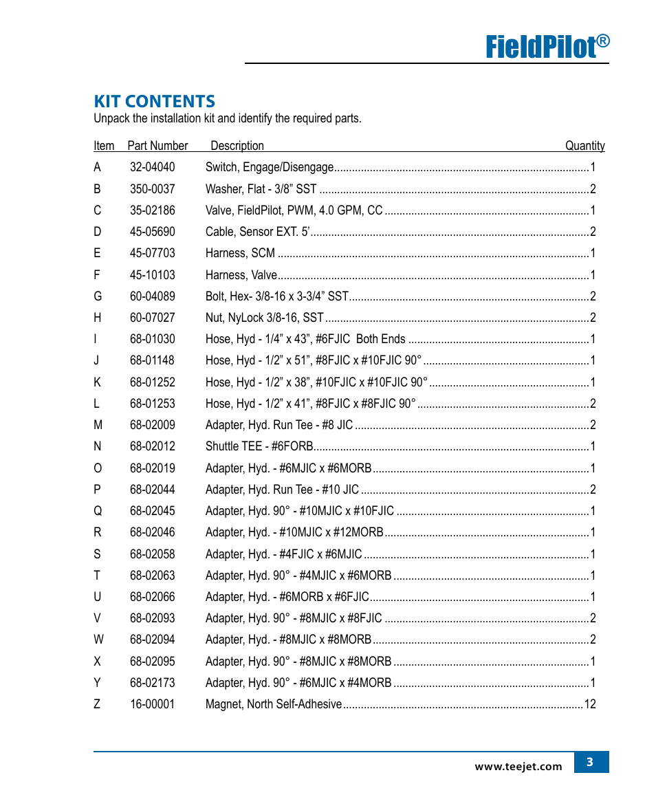 Fieldpilot, Kit contents | TeeJet FieldPilot Install Case IH 9150-9250-9330-9350 User Manual | Page 5 / 24
