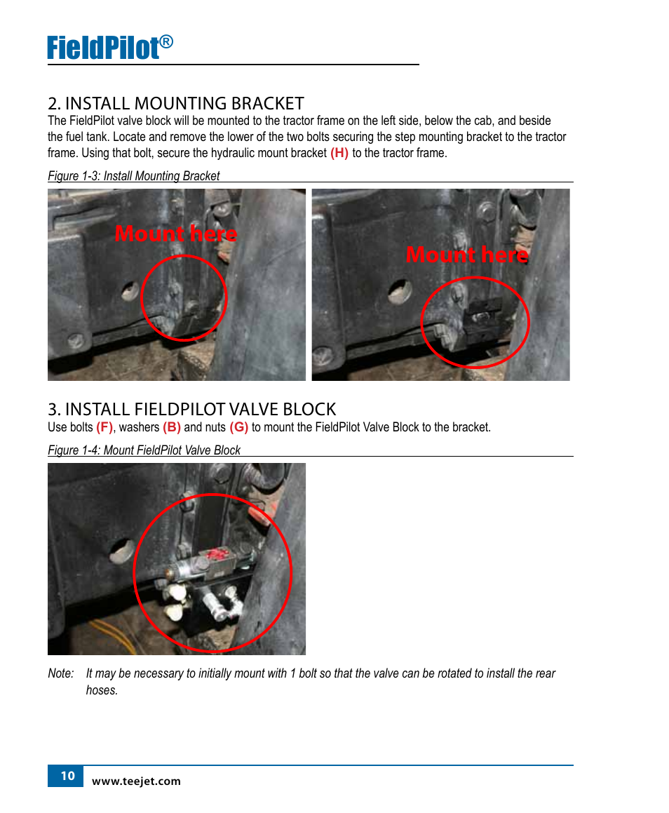 Fieldpilot, Mount here, Install mounting bracket | Install fieldpilot valve block | TeeJet FieldPilot Install Case MX Magnum Series User Manual | Page 11 / 18