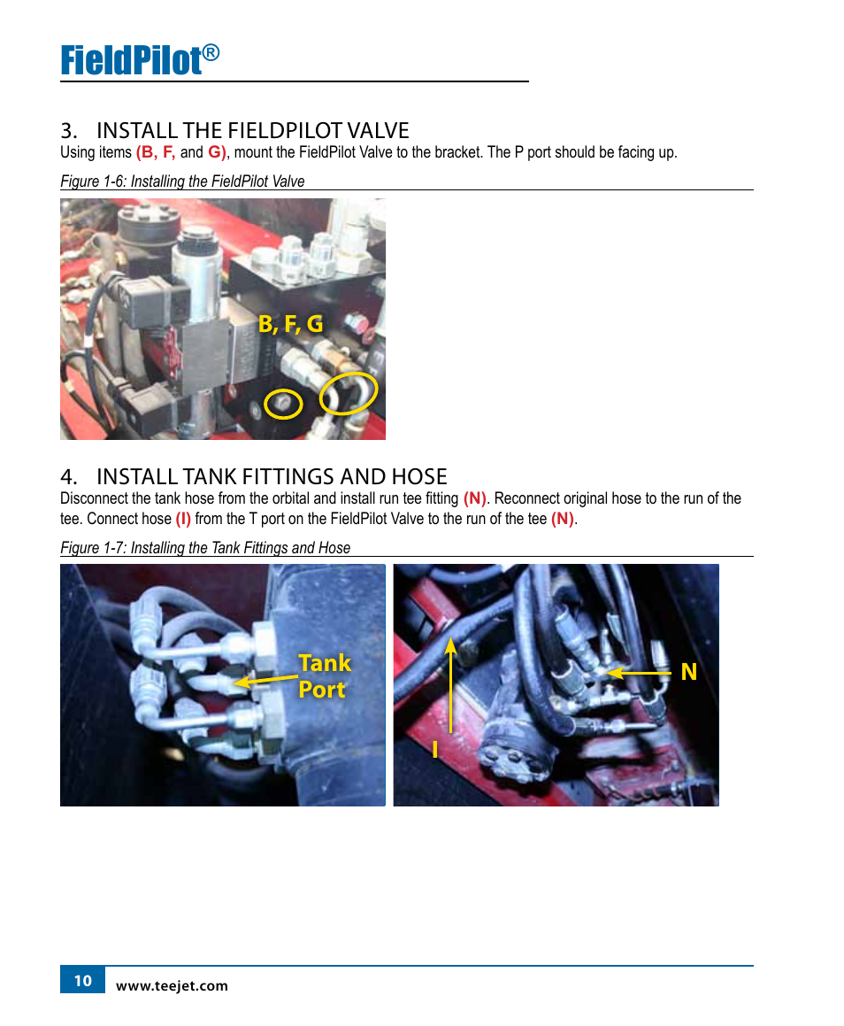 Fieldpilot, Tank port, Ni b, f, g | Install the fieldpilot valve, Install tank fittings and hose | TeeJet FieldPilot Install Case SPX 3150-3185 User Manual | Page 11 / 19