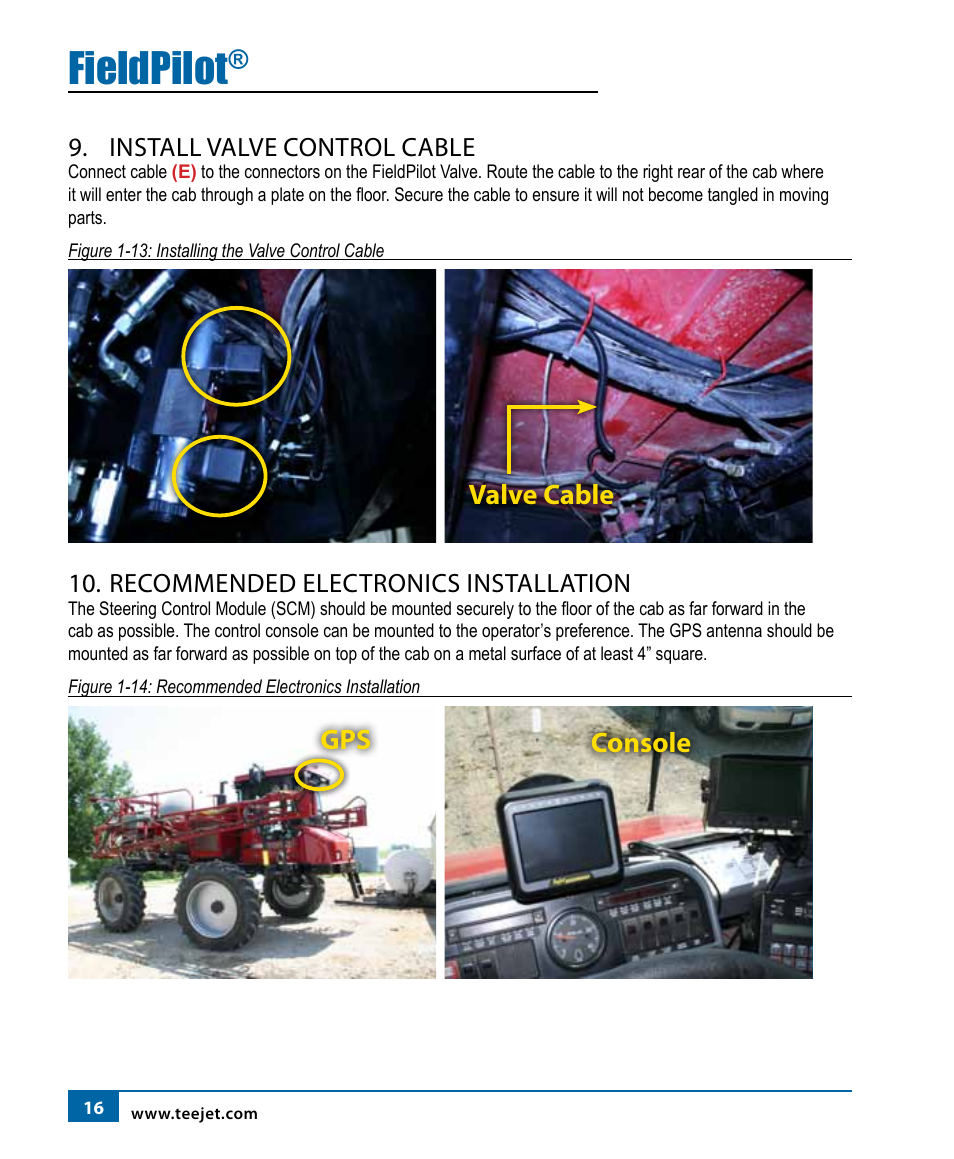 Fieldpilot, Valve cable, Console | Install valve control cable, Recommended electronics installation | TeeJet FieldPilot Install Case SPX 3150-3185 User Manual | Page 17 / 19