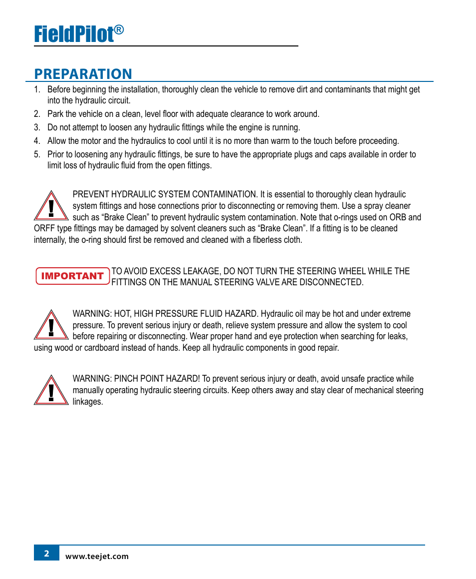 Fieldpilot, Preparation | TeeJet FieldPilot Install Case SPX 3150-3185 User Manual | Page 3 / 19