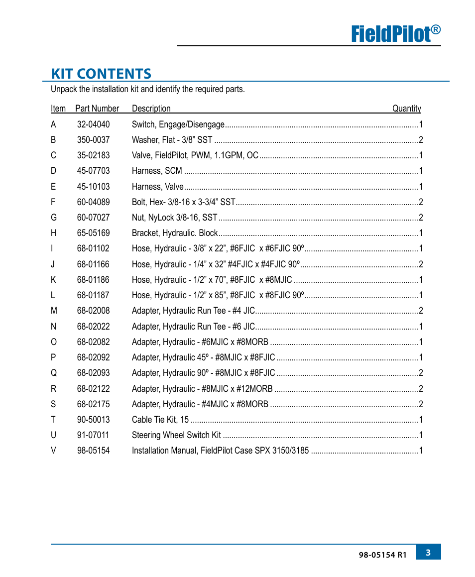 Fieldpilot, Kit contents | TeeJet FieldPilot Install Case SPX 3150-3185 User Manual | Page 4 / 19