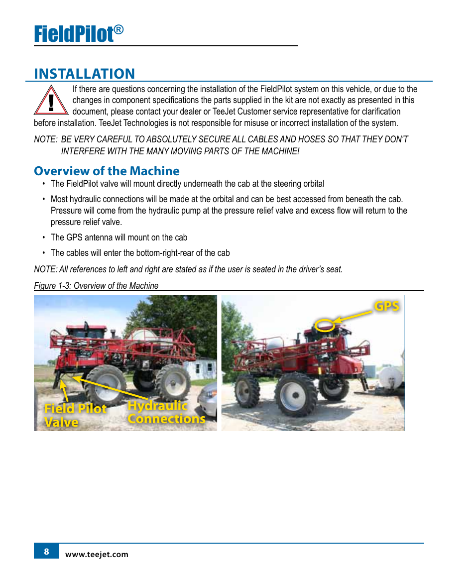 Fieldpilot, Installation, Field pilot valve hydraulic connections | Overview of the machine | TeeJet FieldPilot Install Case SPX 3150-3185 User Manual | Page 9 / 19