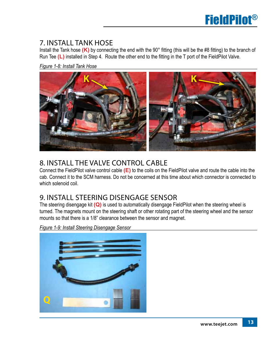 Fieldpilot, Qk k, Install tank hose | Install the valve control cable, Install steering disengage sensor | TeeJet FieldPilot Install Case SPX 4260b User Manual | Page 14 / 18