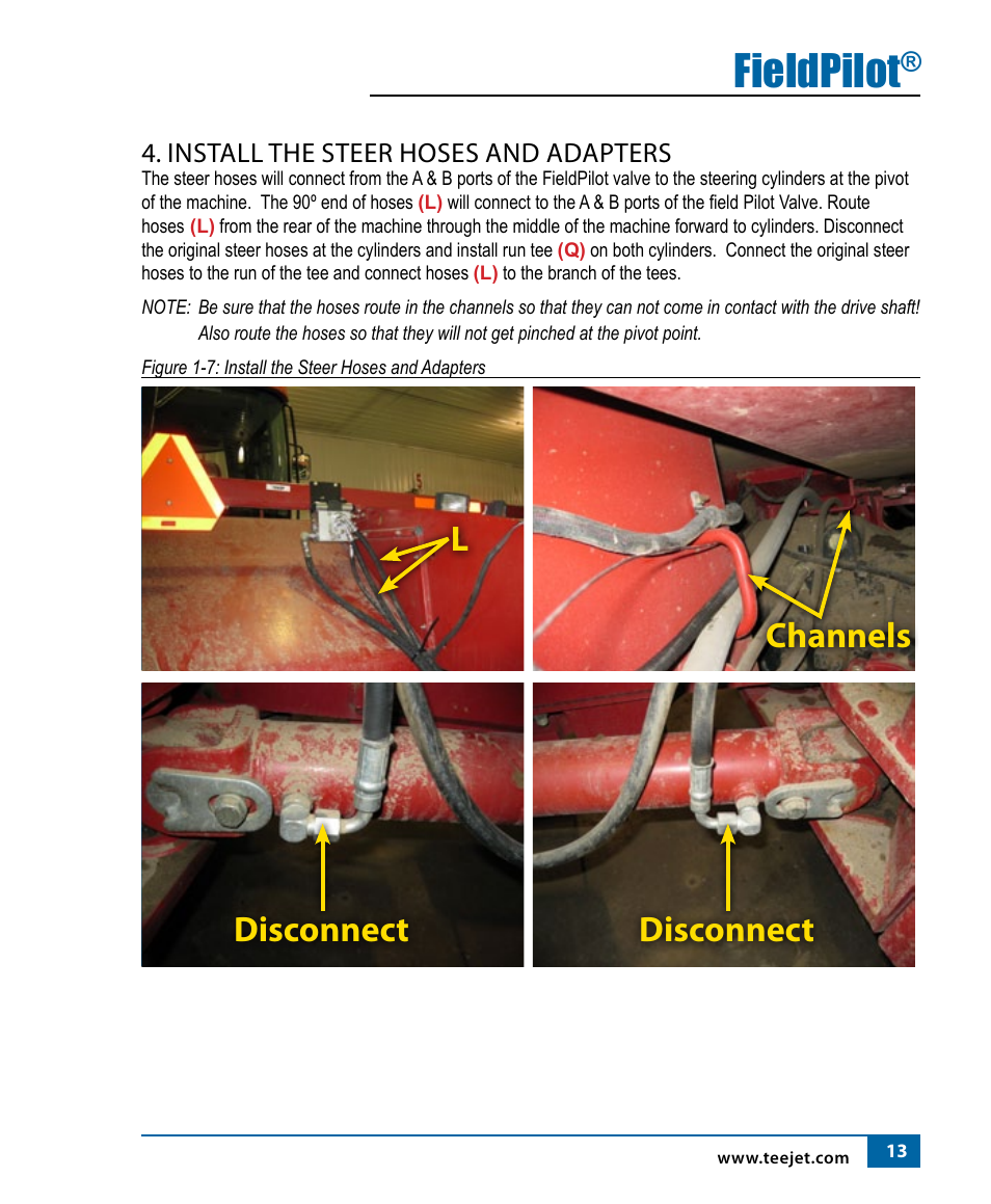 Fieldpilot, Channels l disconnect disconnect, Install the steer hoses and adapters | TeeJet FieldPilot Install Case STX, NH TJ, NH T90X0 User Manual | Page 15 / 24