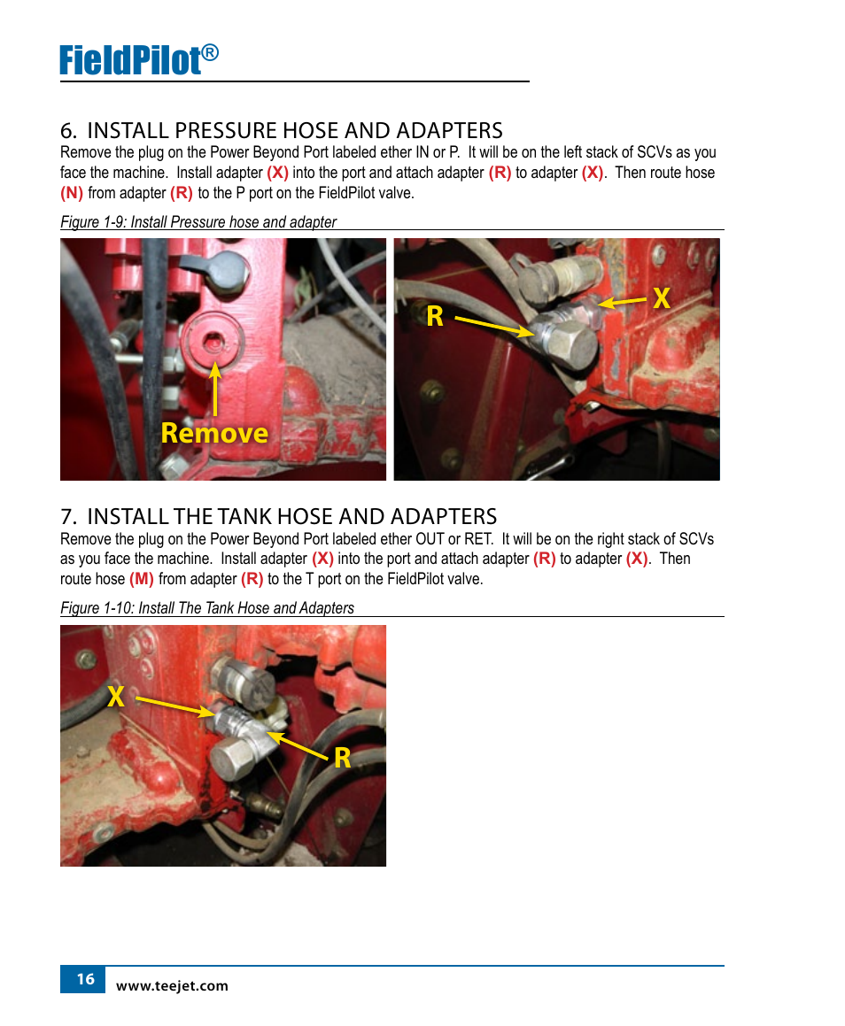 Fieldpilot, Install pressure hose and adapters, Install the tank hose and adapters | TeeJet FieldPilot Install Case STX, NH TJ, NH T90X0 User Manual | Page 18 / 24