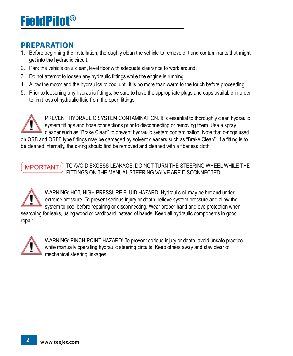 Fieldpilot, Preparation | TeeJet FieldPilot Install CAT C-D-E 65-75-85-95E User Manual | Page 4 / 24