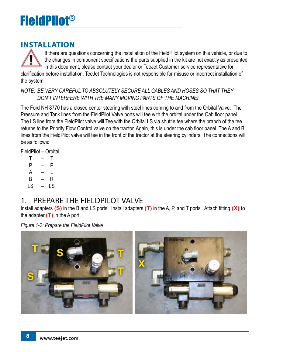 Fieldpilot, Tt t s s, Installation | Prepare the fieldpilot valve | TeeJet FieldPilot Install Ford NH 8x70 User Manual | Page 10 / 20
