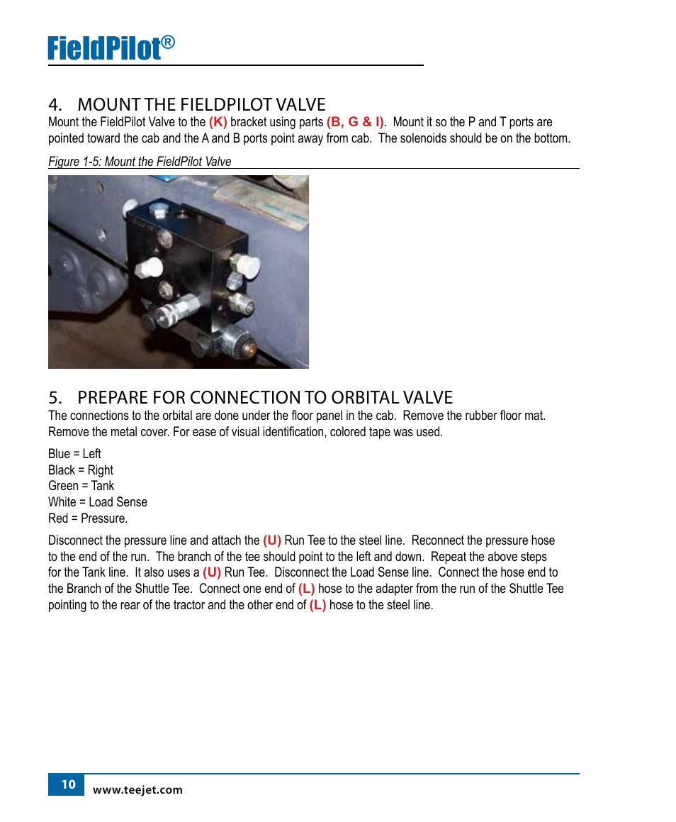 Fieldpilot, Mount the fieldpilot valve, Prepare for connection to orbital valve | TeeJet FieldPilot Install Ford NH 8x70 User Manual | Page 12 / 20