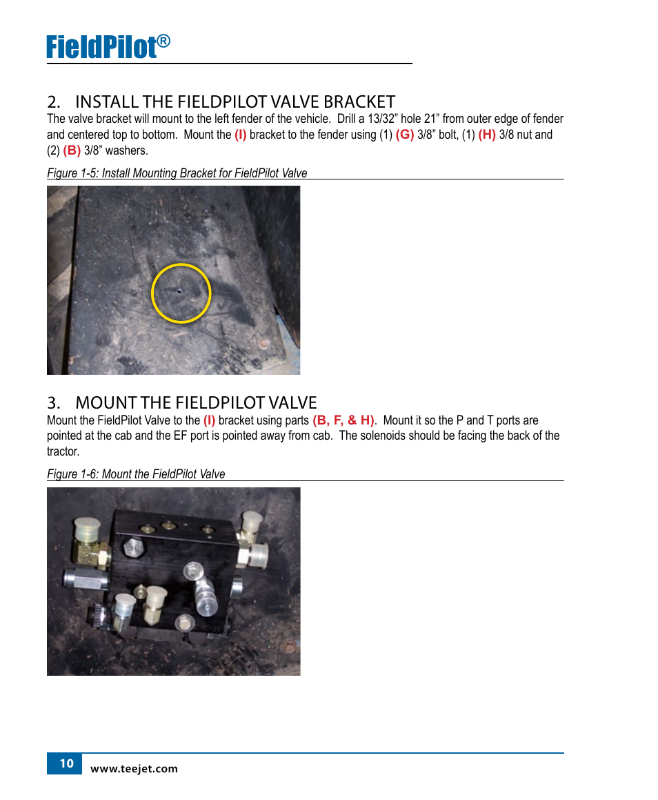 Fieldpilot, Install the fieldpilot valve bracket, Mount the fieldpilot valve | TeeJet FieldPilot Install Ford Versatile 8x6-9x6 User Manual | Page 12 / 20
