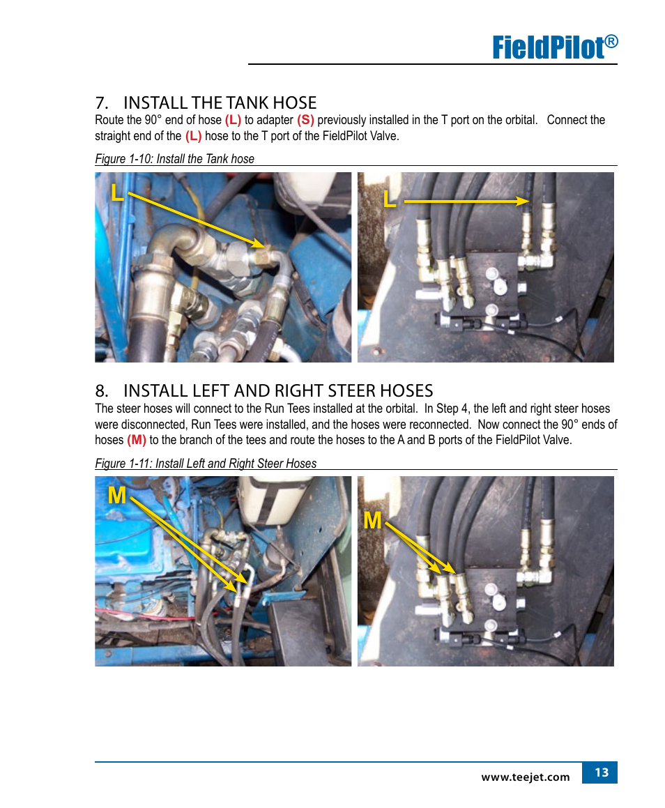 Fieldpilot, Install the tank hose, Install left and right steer hoses | TeeJet FieldPilot Install Ford Versatile 8x6-9x6 User Manual | Page 15 / 20