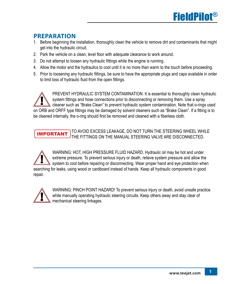 Fieldpilot, Preparation | TeeJet FieldPilot Install Ford Versatile 8x6-9x6 User Manual | Page 3 / 20