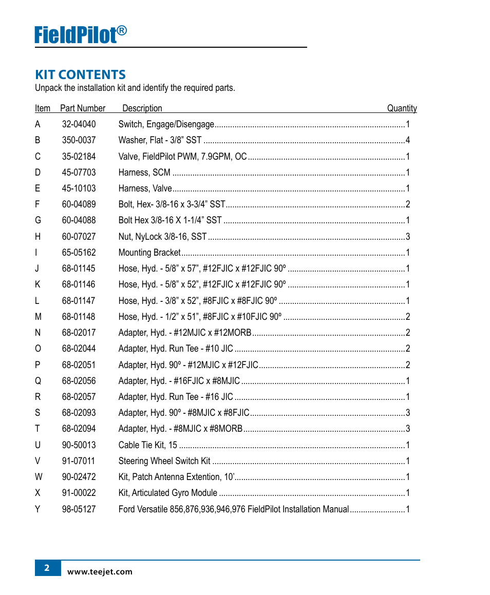 Fieldpilot, Kit contents | TeeJet FieldPilot Install Ford Versatile 8x6-9x6 User Manual | Page 4 / 20