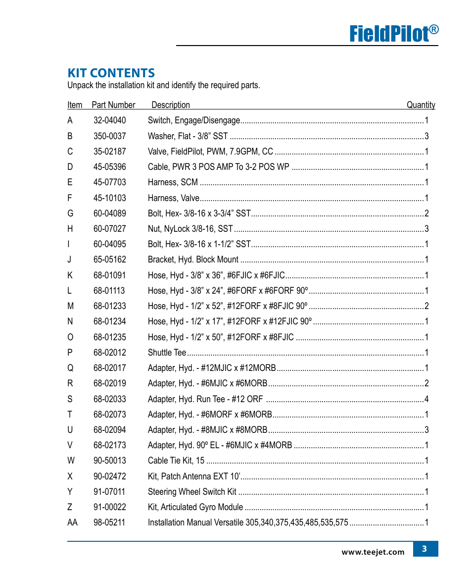 Fieldpilot, Kit contents | TeeJet FieldPilot Install Ford Versatile User Manual | Page 5 / 24