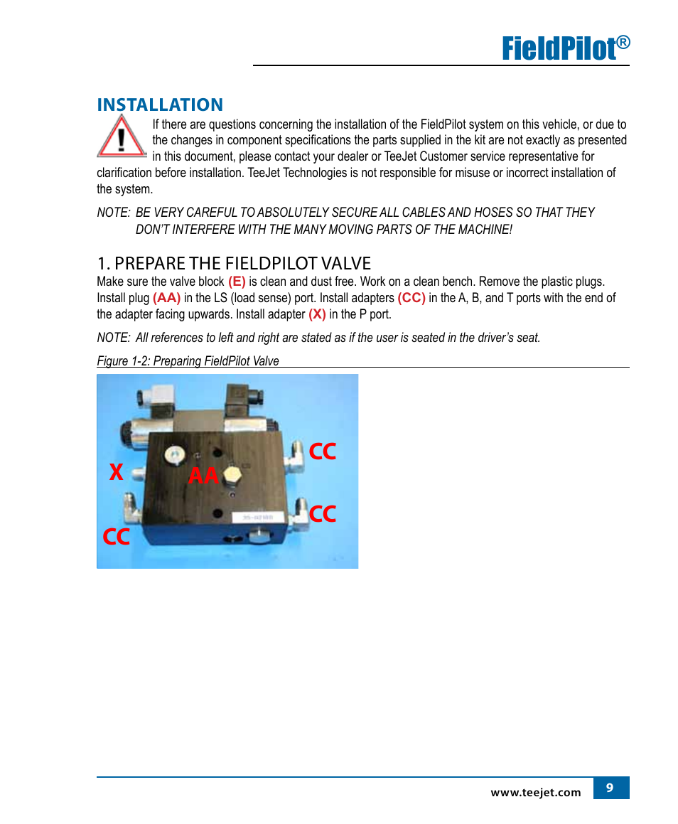Fieldpilot, Cc x aa, Installation | Prepare the fieldpilot valve | TeeJet FieldPilot Install John Deere 4x40, 4X50 & 4X55 User Manual | Page 10 / 22