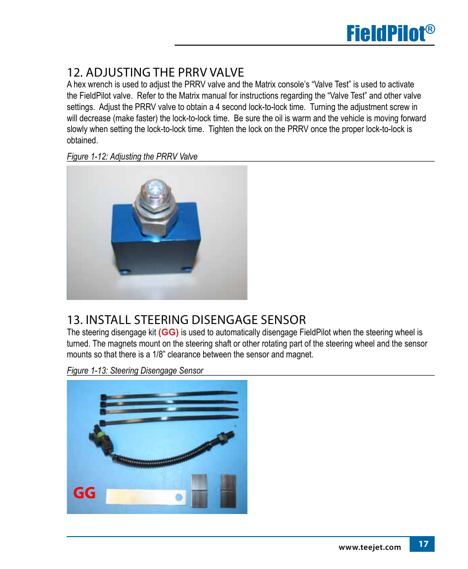 Fieldpilot, Adjusting the prrv valve, Install steering disengage sensor | TeeJet FieldPilot Install John Deere 4x40, 4X50 & 4X55 User Manual | Page 18 / 22