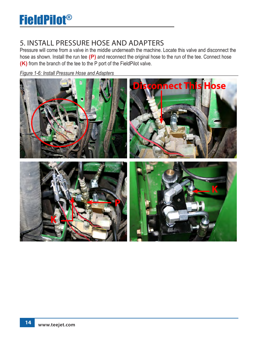 Fieldpilot, Disconnect this hose k p | TeeJet FieldPilot Install John Deere 4700 User Manual | Page 15 / 22