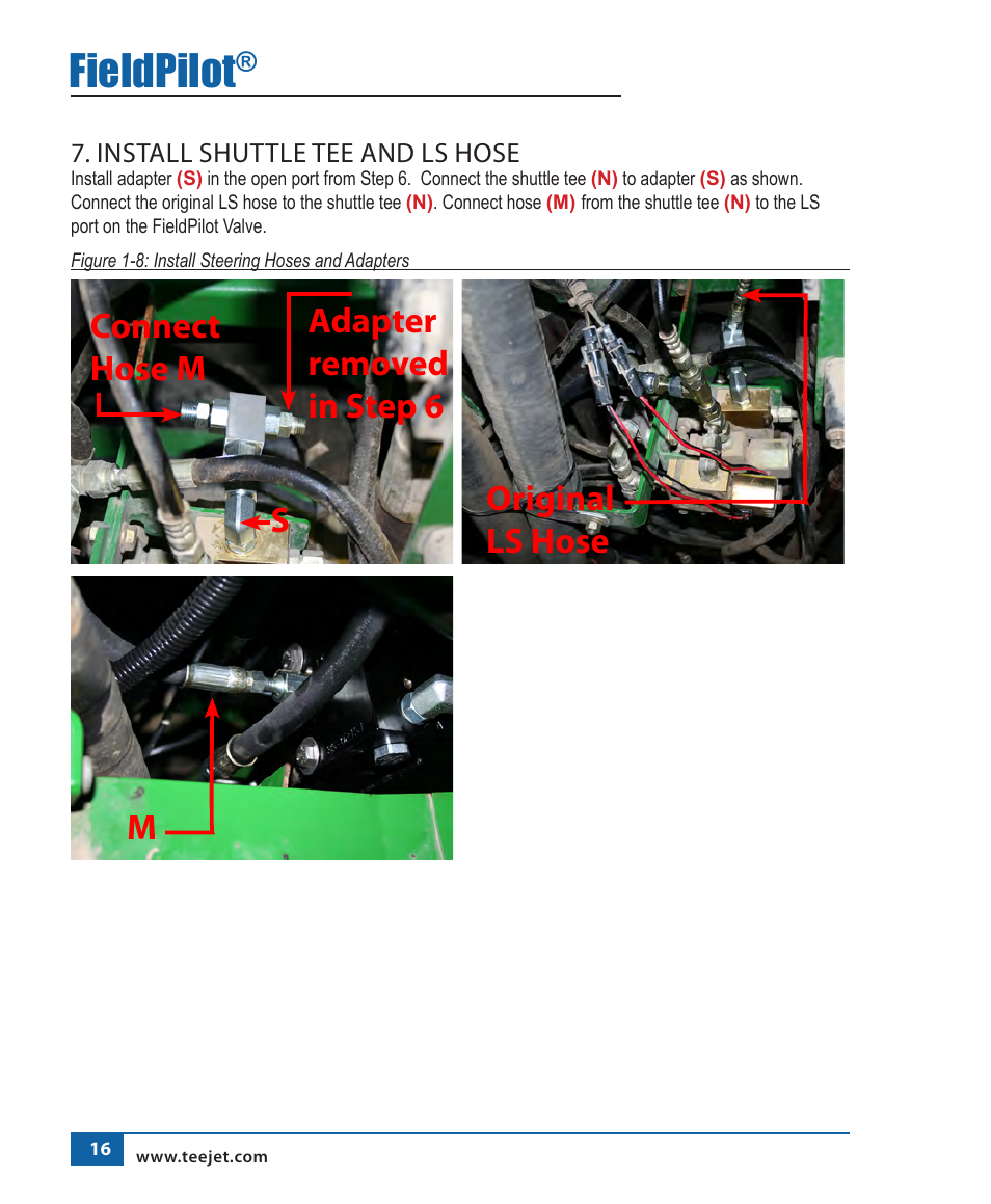 Fieldpilot, Connect hose m adapter removed in step 6 s, Original ls hose m | TeeJet FieldPilot Install John Deere 4700 User Manual | Page 17 / 22