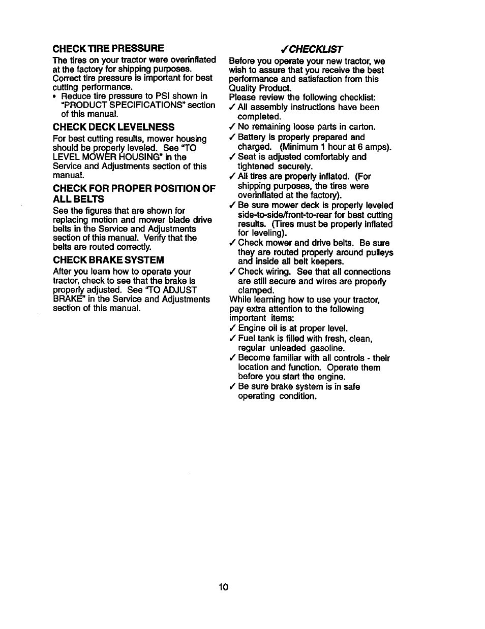 Check tire pressure, Check deck levelness, Check for proper position of all belts | Check brake system | Craftsman 917.258010 User Manual | Page 10 / 60