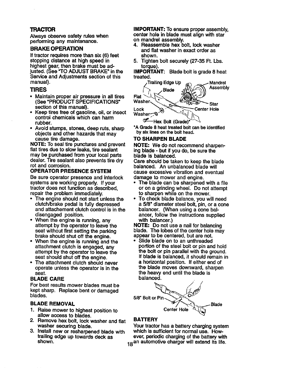 Tractor, Brake operation, Tires | B^decare | Craftsman 917.258010 User Manual | Page 18 / 60