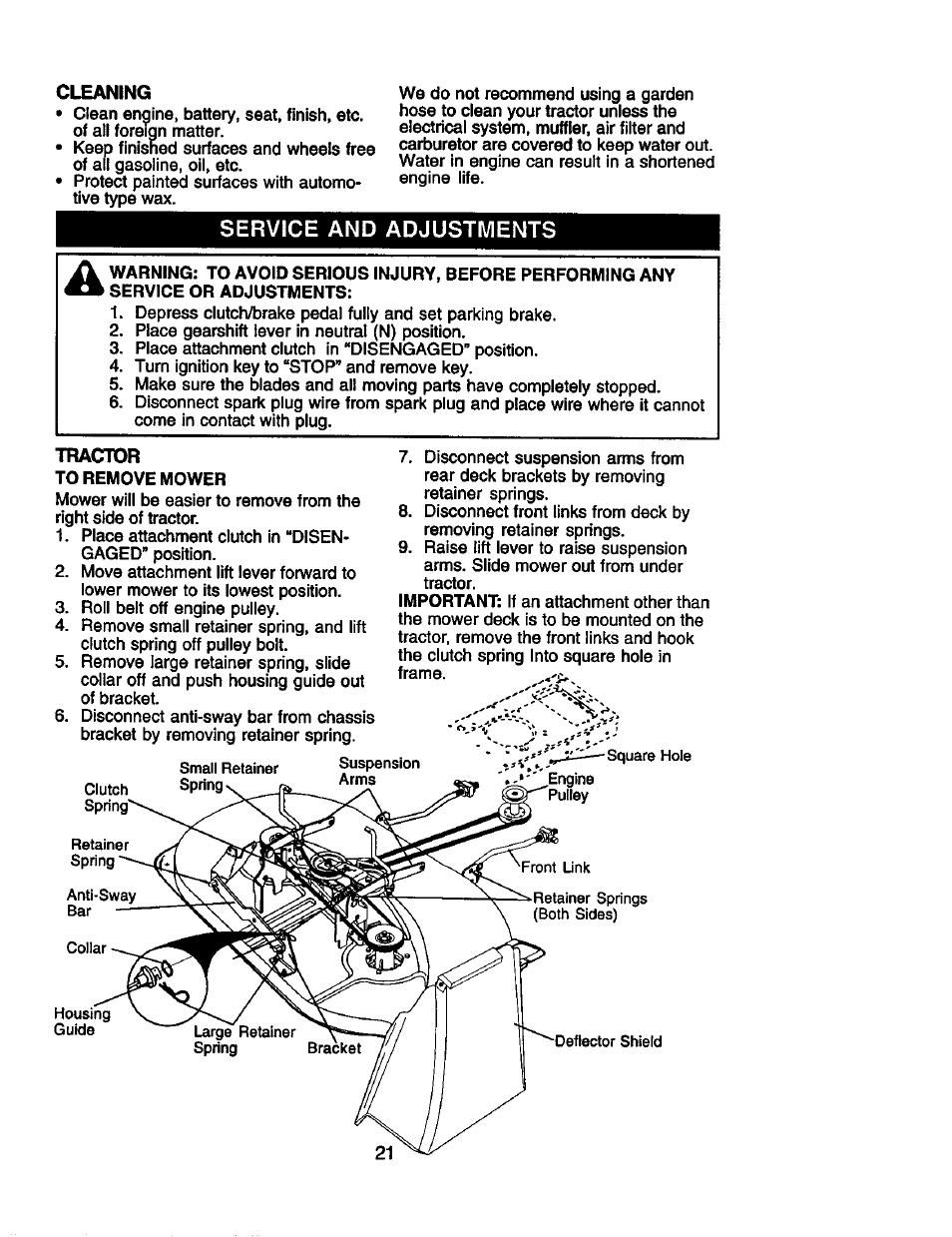 Service and adjustments, Cleaning, Tractor | Craftsman 917.258010 User Manual | Page 21 / 60