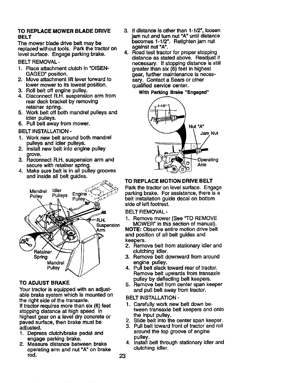 To replace mower blade drive, Belt, To adjust brake | To replace motion drive belt | Craftsman 917.258010 User Manual | Page 23 / 60