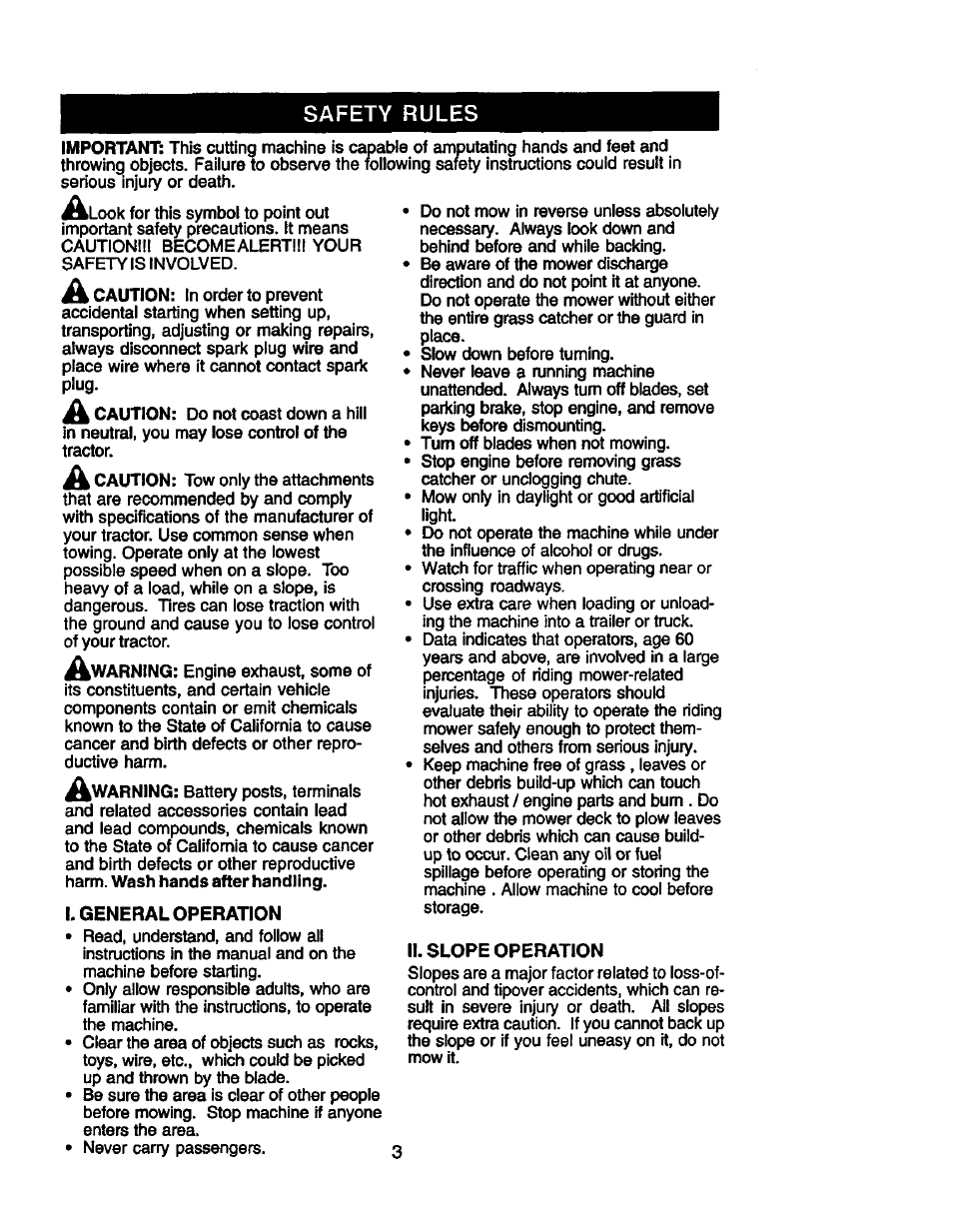 Safety rules, I. general operation, Ii. slope operation | Craftsman 917.258010 User Manual | Page 3 / 60