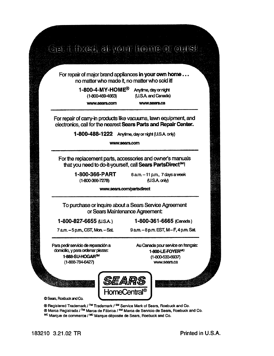 183210 3.21.02 tr, 800-4-my-hom | Craftsman 917.258010 User Manual | Page 60 / 60