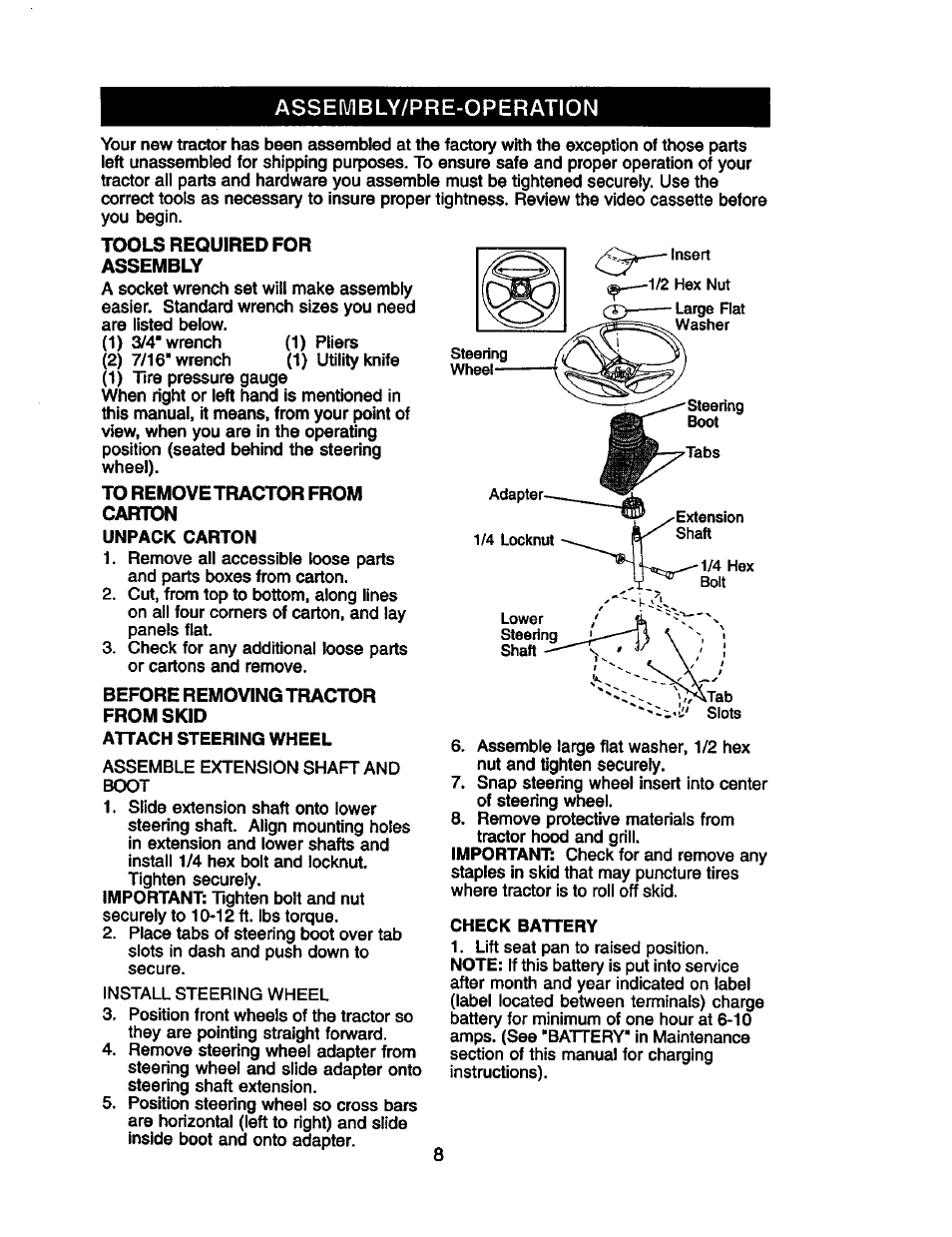 Assembly/pre-operation, Tools required for assembly, Before removing tractor from skid | Craftsman 917.258010 User Manual | Page 8 / 60