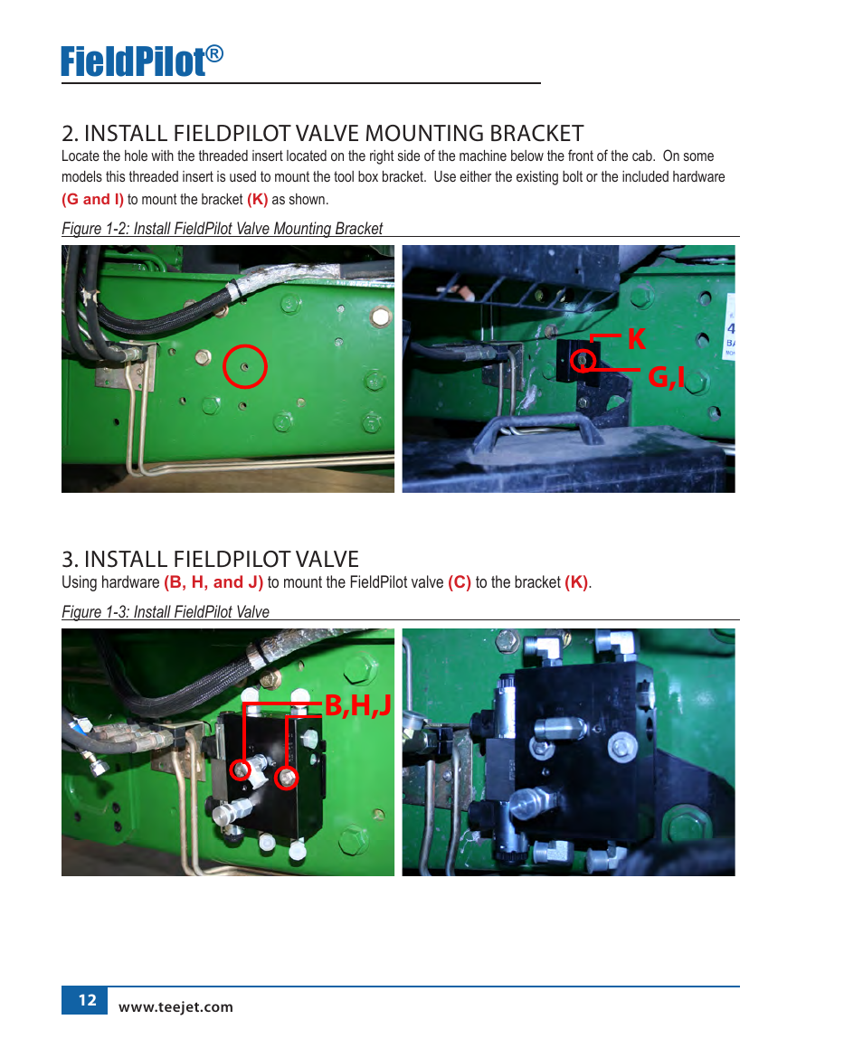Fieldpilot, Kg,i, B,h,j | Install fieldpilot valve mounting bracket, Install fieldpilot valve | TeeJet FieldPilot Install John Deere 6x10-6x20 User Manual | Page 13 / 22