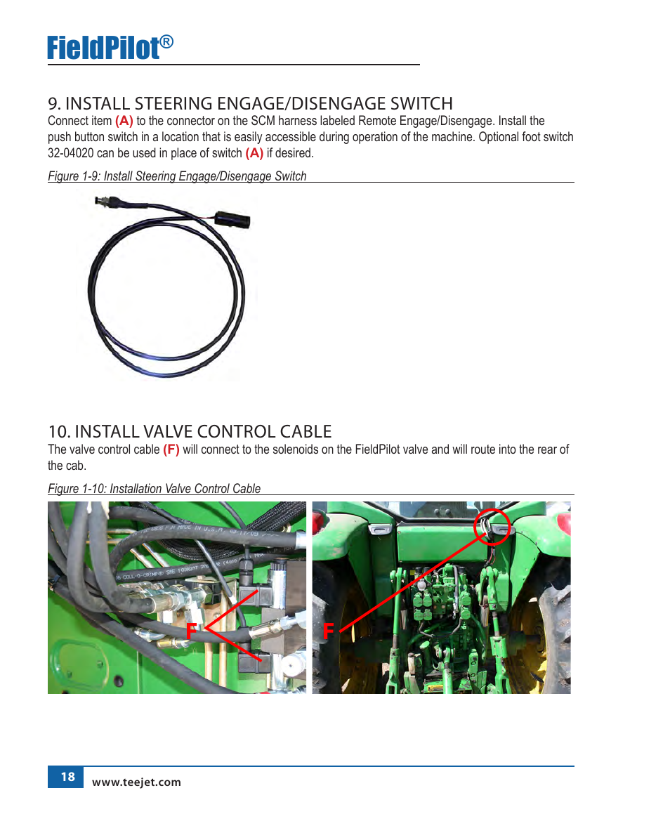 Fieldpilot, Install steering engage/disengage switch, Install valve control cable | TeeJet FieldPilot Install John Deere 6x10-6x20 User Manual | Page 19 / 22